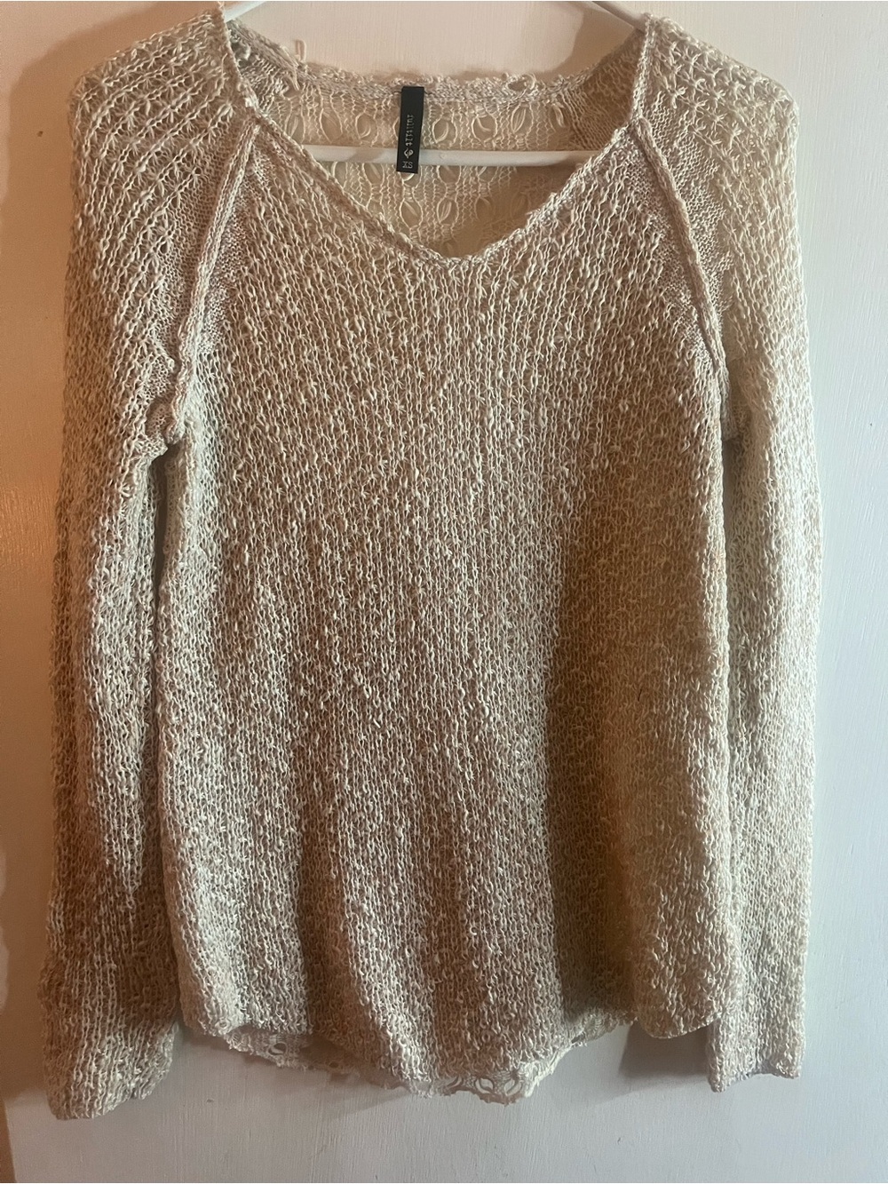 Full Tilt Open-Knit V-Neck Sweater in Light Cream